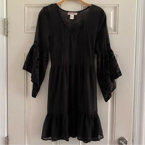 Bands of Gypsies Goth Sheer Mesh Lace Up Mini Dress Black Flare Bell Sleeves
